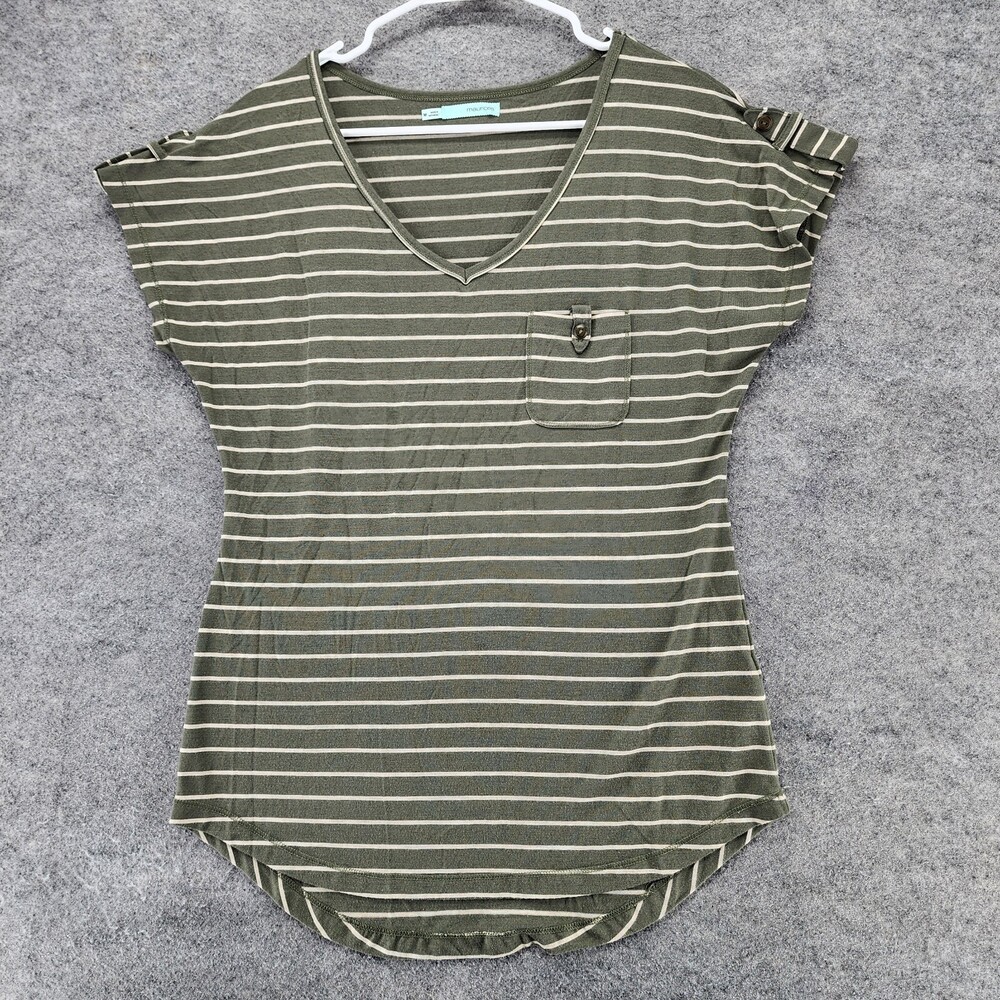 Maurices Shirt Womens Medium Short Sleeve V Neck Green Striped